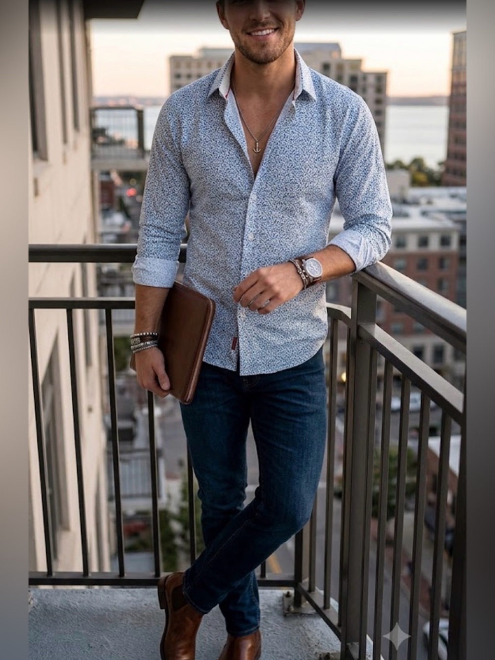 Michael Brandon White Shirt with Blue Micro-Print